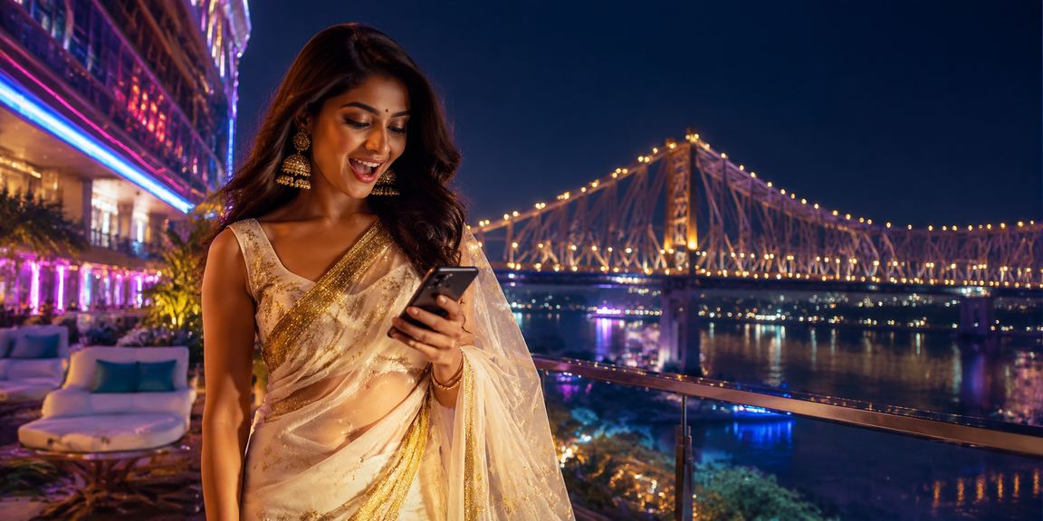 A focused player enjoying mobile Rummy game in elegant saree in Kolkata